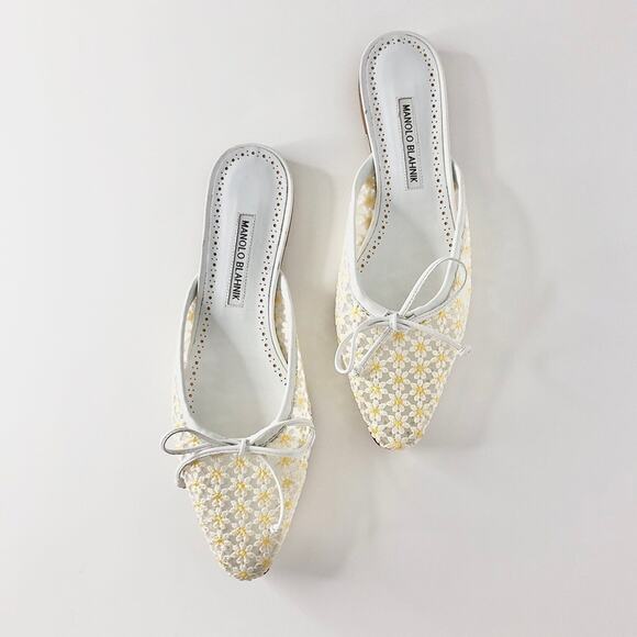 Manolo Blahnik Ballerimu Lace Daisy Floral Mule Slip On Flats 39 - Picture 2 of 7
